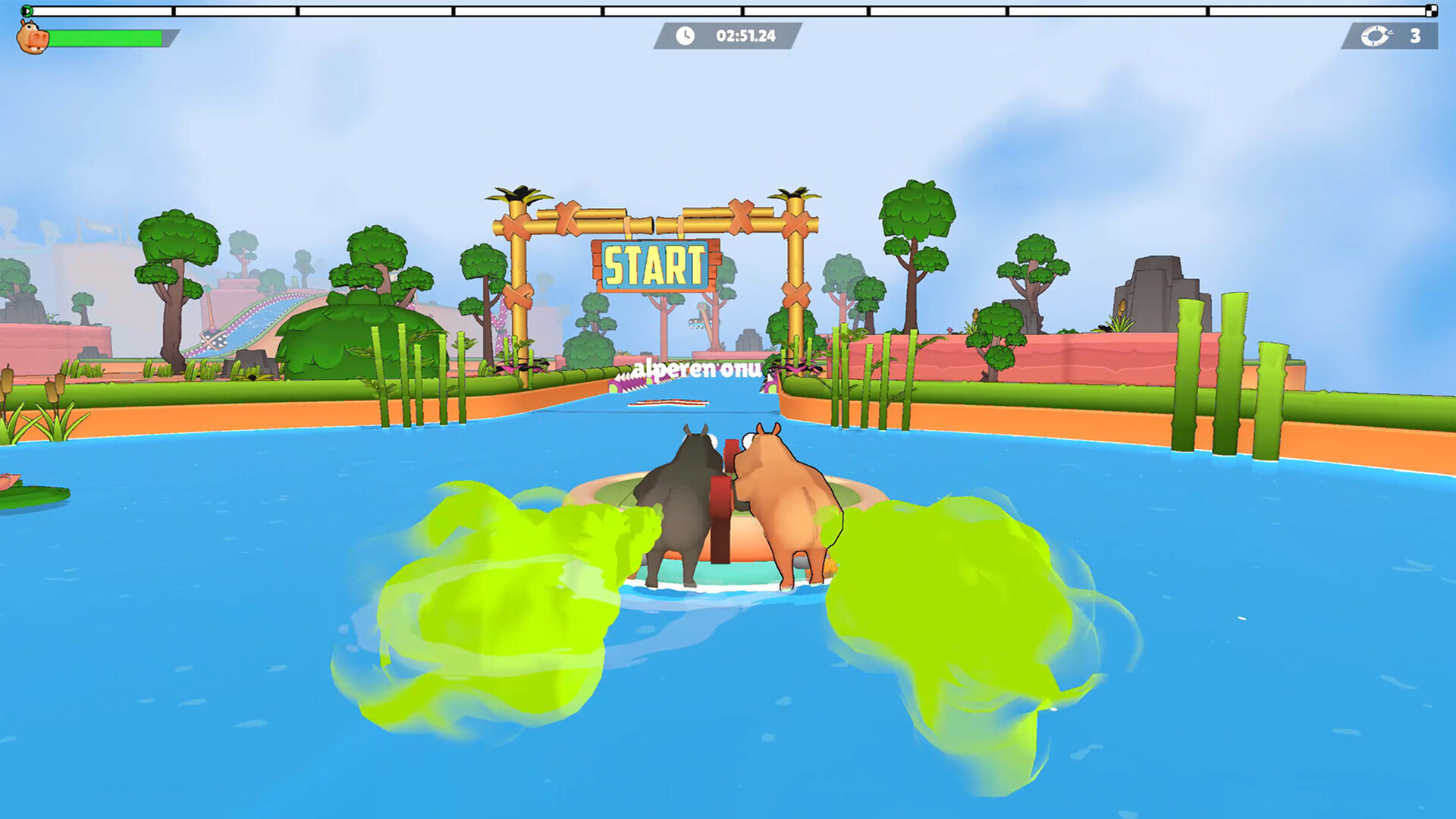 Official Steam PC gameplay screenshot of hippos riding a raft through an obstacle course