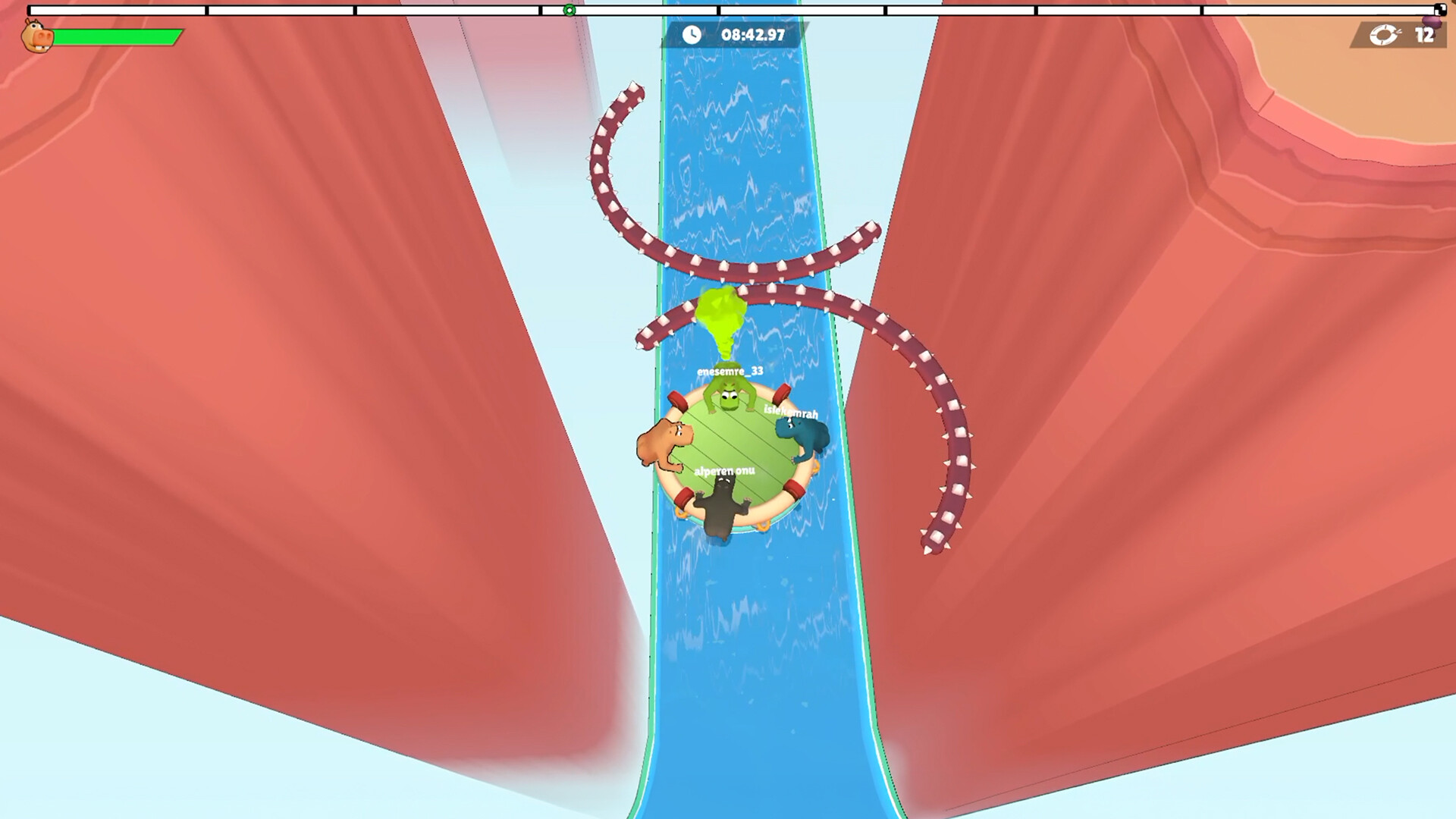 Official Steam PC gameplay screenshot of hippos riding a raft through an obstacle course
