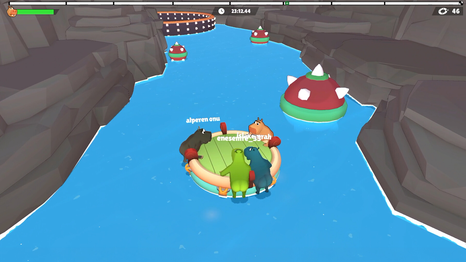 Official Steam PC gameplay screenshot of hippos riding a raft through an obstacle course